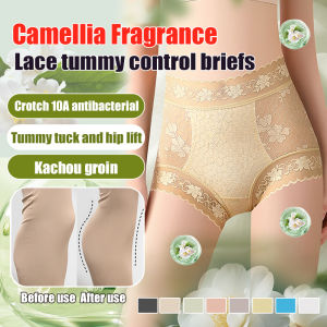 Womens Lace Mid-high Waist Tummy-control Panties Camellia Fragrance 10A Antibacterial Mulberry Silk Lengthened Crotch Thin 蕾丝中高腰收腹女内裤