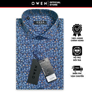 OWEN SALE - Áo Sơ Mi Owen Tay Ngắn Màu Xanh Navy Cam Đất Họa Tiết Hoa Văn Form Body Fit Lai Ngang Chính Hãng