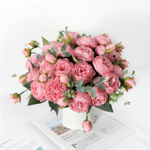 Rose Pink Silk Bouquet Peony Artificial Flowers Big Heads Small Bud Bride Wedding Home Decoration Fake Flowers