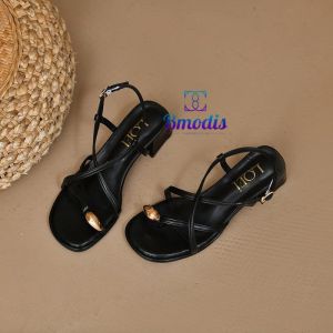 1189 Sandal Mules Wanita Elegan Kulit PU Tali Cross Square Toe dengan Hak Kecil Bisa COD (With Box)