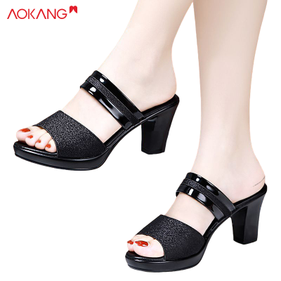 AOKANG Large size 41-42 medium heel thick heel gold fish mouth sandals for women fashionable outdoor high heel sandals