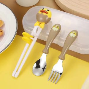 3 in 1 Set alat makan kartun anak Sumpit Pelatihan Bayi Stainless Steel + Sendok + Garpu Set / Peralatan Makan Pelengkap Anak432