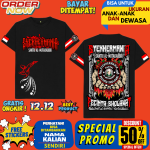 KAOS SYEKHERMANIA(SANTRI AL-MUTAKABBIR)LENGAN PENDEK UKURAN ANAK DAN DEWASA"FREE STIKER"