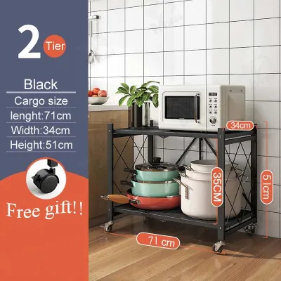 5 Tier Foldable Storage Rack & Wheels Rak Dapur Serbaguna Kitchen Microwave Oven Rack Shelf Kabinet Dapur Baku Organizer Movable Trolley Rack