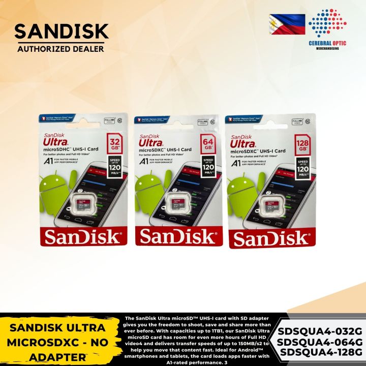 SANDISK ULTRA MICROSDXC UHS-I CARD - 120MB/S U1 A1 - NO ADAPTER ( 32Gb /64GB/ 128GB) - CEREBRAL OPTIC MERCHANDISING