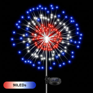 Solar Garden Firework Lights Outdoor 90 LED Red White Blue Starburst Fairy Pathway Light 8 Modes Waterproof DIY Copper Wire Decor for Yard Patio Walkway Lawn