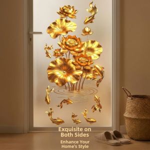OKDEALS Plastic Flower Koi Sticker Chinese Style Anti-static Glass Door Sticker  3D Effect Decorative Sticker for Bathrooms Living Rooms and Bedrooms