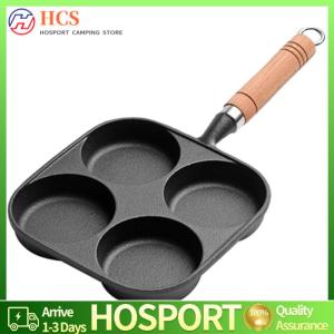 【HCS】4-Hole Frying Pan Wooden Handle Non Stick Egg Frying Pan Egg Pancake Steak Cooking Pan for Gas Stove Induction Cooker