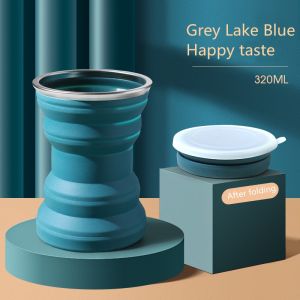 Portable Silicone Folding Water Cup Outdoor Heat Resistant Foldable Mug with Lid Travel Drinking Cups for Camping