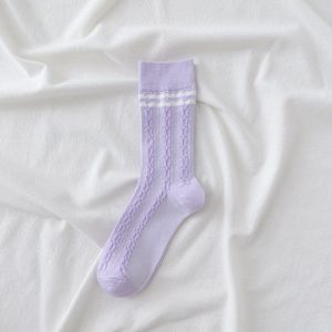 qq Women Purple Retro Cotton Socks Simple Lattice Striped Socks Student Sweet Socks Japanese Style Medium Tube Socks