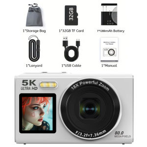 กล้องดิจิตอล VETXI กล้องหน้าจอคู่ 5K 80MP พร้อมซูมดิจิตอล 18Xกล้อง vlogging ขนาดกะทัดรัดสำหรับวัยรุ่น กล้อง StylishBeginner สำหรับเยาวชนและ GlF บัตร 32GB และ 2Batteries สีดำ