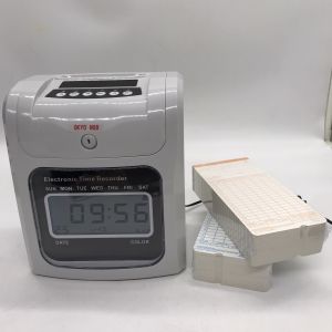 Máy chấm công Thẻ Giấy Okyo A08 - Trắng xám in kim 6 cột 3 ca làm việc 8 năm bộ nhớ tặng 200 thẻ