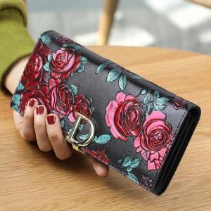 Rose Printed Cow Genuine Leather Wallet Elegant Ladies Long Card Holder Phone Purse for Woman Original Anti RFID