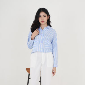 QUEENTIN Kemeja Wanita Crop 0615 Katun Polymicro Motif Salur Lengan Panjang