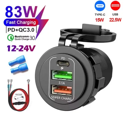 KEBETEME 83W Car Charger Socket PD30W Fast Charging Dual USB+Type C Outlet Phone Power Adapter with Voltmeter for Motorcycle Truck Boat