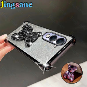 Jingsanc For VIVO Y29t 5G/VIVO Y29s 5G/VIVO Y04 Phone Case Clear Four Corner Anti-fall Flah Glitter Paper Bear Stand Holder TPU Back Cover Casing A59-2