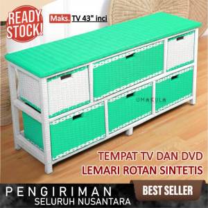 Rak Lemari Rotan Sintetis 6 Laci Buffet Bufet Meja TV 43 Inci Ruang Tamu Minimalis Serbaguna Murah
