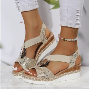 [Free Shipping] Plus-Size WomenS Sandals With Metal Buckle Embellishments Featuring A Braided Rope Design A Wedge Heel And A Lightweight Sole With An Open-Toe Style