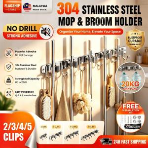 Ready Stock 304 Stainless Steel Mop Holder No Drill Wall Mounted Broom Rack 6 Hooks 5 Clips Kitchen Bathroom Storage