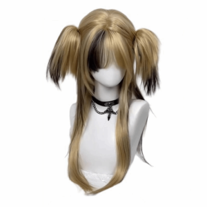 NO4 PANDA Double Ponytail Ombre Blonde Black Layered Wig Harajuku Synthetic Long Straight Hair with Bangs Sweet Natural Cosplay Lolita Wigs for Women