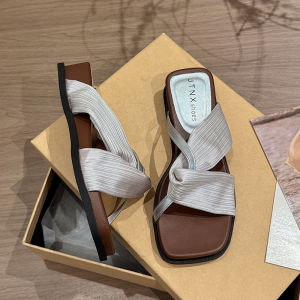 [Free Shipping] Retro Criss-Cross Strap Minimalist Open-Toe Sandals For Women New Summer Style Wedge Heel Square Toe Comfortable Slip-On Sandals For Outdoor Wear