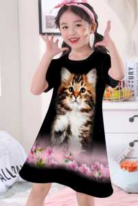 DRESS ANAK PEREMPUAN /PAKAIAN ANAK PEREMPUAN / DIGITAL PRINT / MOTIF GAMBAR KUCING 1 -10 TAHUN