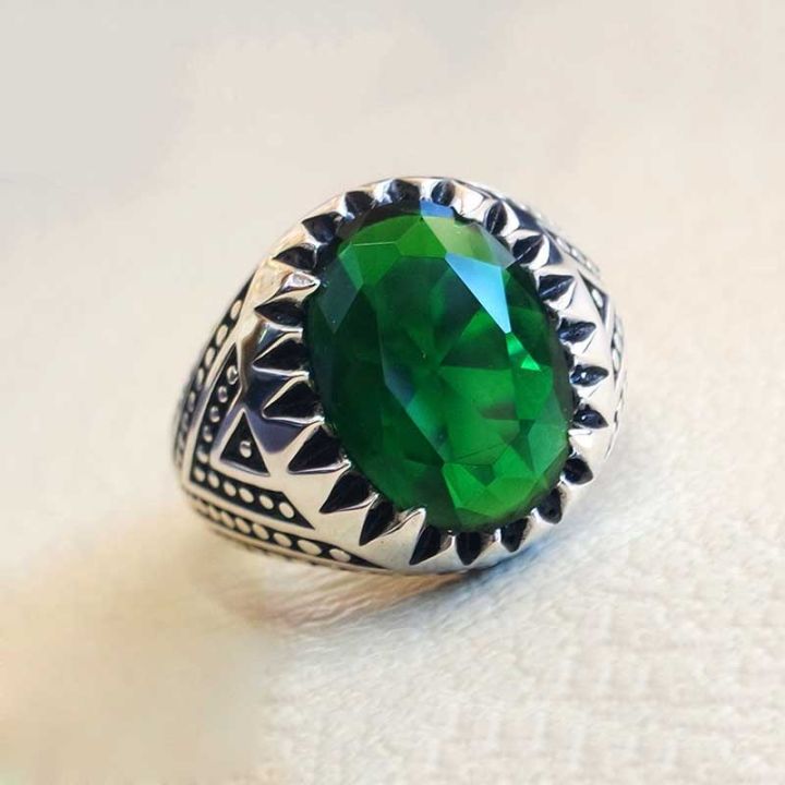 Men Ring Punk Vintage Silver Titanium Steel Green Stone Zircon Crystal  Finger Rings Fashion Accessories Lazada PH