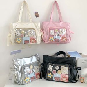 CRNGW พีวีซีพีวีซี ถุงผ้าซาติน ตุ๊กตาผ้าพลัฌ โปร่งใสโปร่งใส กระเป๋าหูรูดผูกโบว์ กระเป๋าโท้ท สีชมพูอมชมพู ริบบิ้นโบว์ itabag สำหรับผู้หญิง