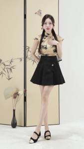 Ammin Váy Xếp Ly Hoa Thêu dệt hoa Trung Quốc Mới Xuân hè 2024 váy chữ A thời trang eo cao có khóa kéo có tua rua trang trí treo chống trượt cho nữ