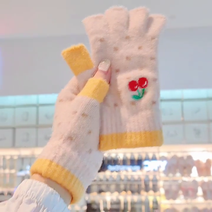 Winter Fingerless Knitted Gloves for Women Half Finger Warm Knit Mittens Stretchy Arm Warmers Cute Cherry Patterns
