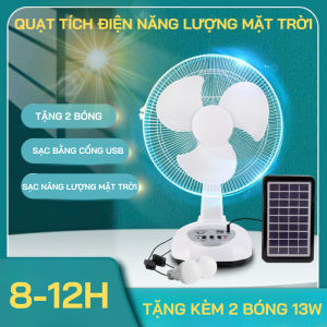 Quạt Tích Điện Năng Lượng Mặt Trời Quạt Tích Điện Tích Hợp Đèn Kiêm Sạc Dự Phòng Dung Tích Lớn Tặng Kèm 2 Bóng Đèn