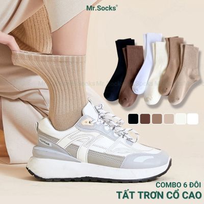 Combo 6 đôi tất cao cổ nữ trơn màu Mr.Socks, vớ nữ cổ cao chất cotton co giãn bền màu - OAS-1701-CB6