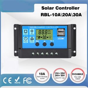 Solar Controller 12V/24V 30A 20A 10A Solar Regulator PWM Battery Charger LCD Display Dual USB 5V Output