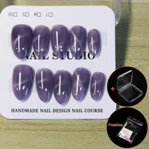 100% HANDMADE Short Almond Shape Purple Curved Cats Eye Fake Nail Set With Glue &  Simplicity Press On Nails Reusable And Removable