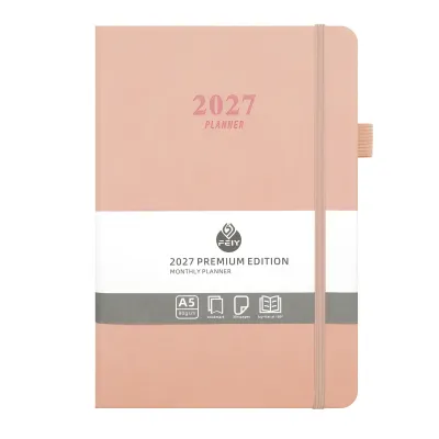 2027 English Weekly Monthly Planner A5 Schedule Notebook 194GSM PU Leather Hard Cover Meeting Schedu