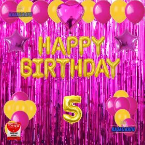 Paket Dekorasi Pesta Balon Happy Birthday Gold Set Dekor Ulang Tahun Tirai Pink Tua Simple