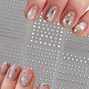 6Pcs Star Alphabet Nail Art Stickers Thin Flexible Letter Five-Pointed Star Nail Decal Silver Stars Decoration Manicure Decals h260819