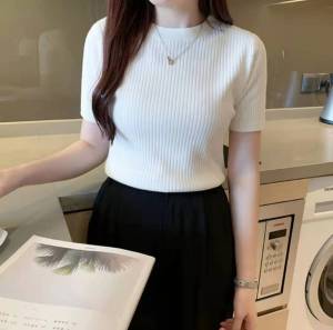 Knitted Tops Women Summer Korean Style Round Neck Short Sleeve Blouse Tops