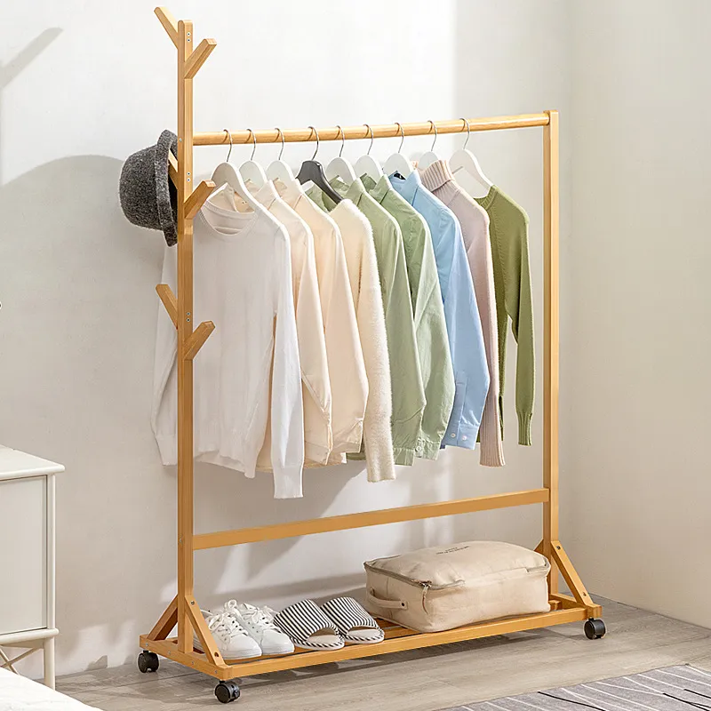 High-Grade 100cm Wooden Coat Rack Stand Clothes Rack Clothes Storage  Organizer with Wheels