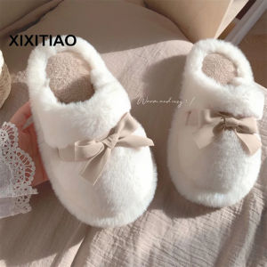 XIXITIAO Autumn and Winter New Plush Anti-Slip Holder Sweet Bow Cotton Slippers Womens Indoor Leisure Fleece-lined Warm Fluffy Slippers