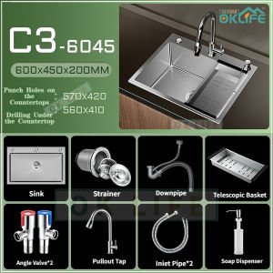-SG STOCK  48H DELIVERY-Nano Kitchen Sink SUS304 Stainless Steel Waterfall Basin Single Bowl Pullout Faucet Large Sink