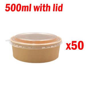 50Pcs disposable kraft paper brown paper bowls fruit salad bowls food packaging container boxes (with lids 500ml 750ml 1000ml round food kraft paper bowls with clear plastic lids environmentally friendly microwave safe leak-proof kraft paper bowls