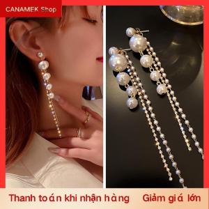CS Khuyên tai dài dáng thả cho nữ trang sức cổ điển với pha lê toàn bộ và ngọc trai giả phối tua rua