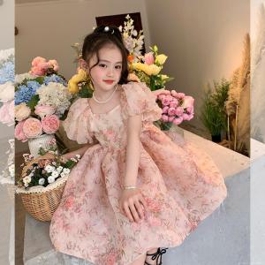 Childrens clothing girl floral princess skirt 2024 summer new childrens bubble sleeve dress mesh fluffy children