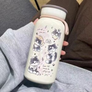 RUO R Stainless Steel Cartoon Animal Water Bottle Large Capacity Japanese Style Cute Cat Thermos Bottle Durable Leak Proof Cute Cat Thermos Cup Outdoor