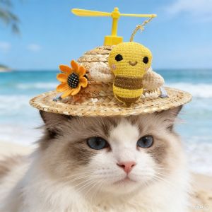 CHANBAEK Woven Dog Cat Straw Hat Lightweight Breathable Bamboo Dragonfly Hat Cute Design Adjustable Pet Sombrero Hat Summer Use