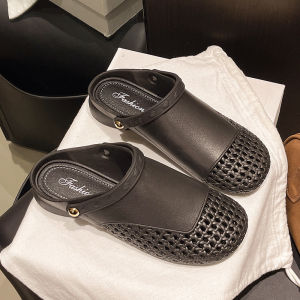 [Free Shipping] Womens Summer Open-Toe Mules 2025 New Style Thick-Soled Height-Increasing Hollow Woven Slip-On Sandals