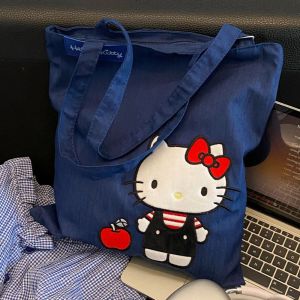 TSEVD Kitty Cat Cartoon Canvas Bag Cute Printed Kuromi Shoulder Bag Kawaii Large Capacity Cloth Handbag Girl