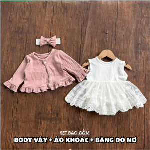BD275 Body váy cotton trắng áo khoác len RIOKIDS đầm cho bé gái sơ sinh đầy tháng thôi nôi