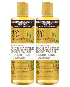 Dr. Jacobs Naturals Pure Castile Soap Liquid Body Wash Almond - Plant Based Castile Soap Infused with Vitamin E and Aloe Vera to Moisturize Dry and Sensitive Skin - Made in The USA - 16 oz Pack of 2